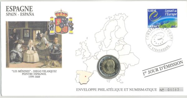 PREMIER JOUR ENVELOPPE PHILATELIQUE NUMISMATIQUE INTEGRATION A L'EURO 2 EURO ESPAGNE 2003