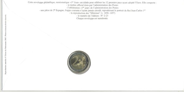 PREMIER JOUR ENVELOPPE PHILATELIQUE NUMISMATIQUE INTEGRATION A L'EURO 2 EURO ESPAGNE 2003