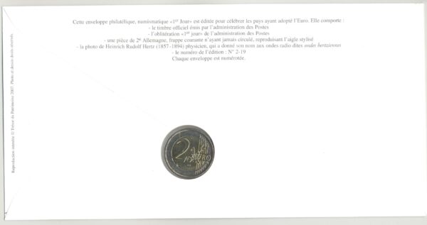 PREMIER JOUR ENVELOPPE PHILATELIQUE NUMISMATIQUE INTEGRATION A L'EURO 2 EURO ALLEMAGNE 2003 G