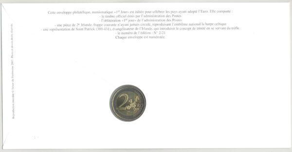 PREMIER JOUR ENVELOPPE PHILATELIQUE NUMISMATIQUE INTEGRATION A L'EURO 2 EURO IRLANDE 2005