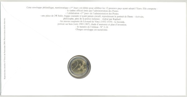 PREMIER JOUR ENVELOPPE PHILATELIQUE NUMISMATIQUE INTEGRATION A L'EURO 2 EURO ITALIE 2002