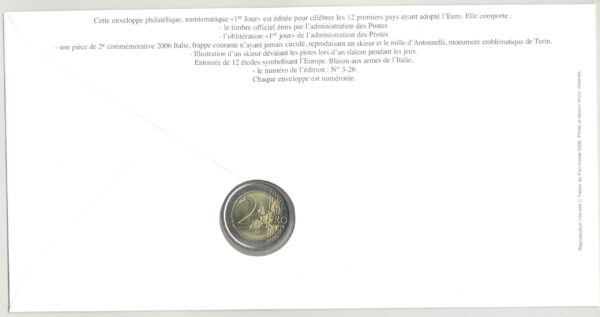 PREMIER JOUR ENVELOPPE PHILATELIQUE NUMISMATIQUE INTEGRATION A L'EURO 2 EURO ITALIE JEUX OLYMPIQUE D'HIVER 2006