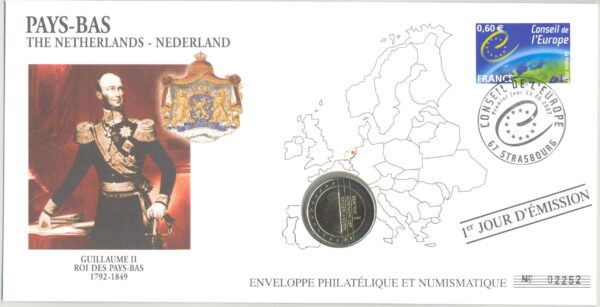 PREMIER JOUR ENVELOPPE PHILATELIQUE NUMISMATIQUE CONSEIL DE L'EUROPE 2 EURO PAYS-BAS 2001