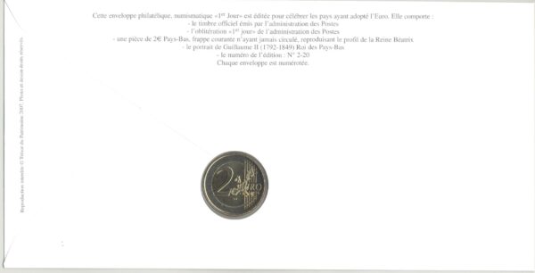 PREMIER JOUR ENVELOPPE PHILATELIQUE NUMISMATIQUE INTEGRATION A L'EURO 2 EURO PAYS-BAS 2001