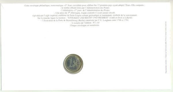 PREMIER JOUR ENVELOPPE PHILATELIQUE NUMISMATIQUE INTEGRATION A L'EURO 1 EURO ALLEMAGNE 2002 G