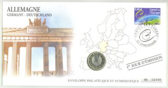 PREMIER JOUR ENVELOPPE PHILATELIQUE NUMISMATIQUE CONSEIL DE L'EUROPE 1 EURO ALLEMAGNE 2002 D
