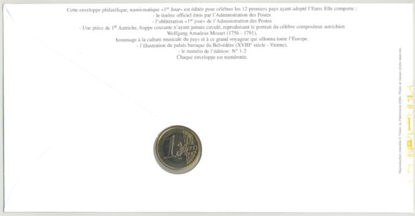 PREMIER JOUR ENVELOPPE PHILATELIQUE NUMISMATIQUE INTEGRATION A L'EURO 1 EURO AUTRICHE 2005
