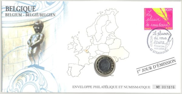 PREMIER JOUR ENVELOPPE PHILATELIQUE NUMISMATIQUE LE PLAISIR DE VOUS ECRIRE 1 EURO BELGIQUE 1999
