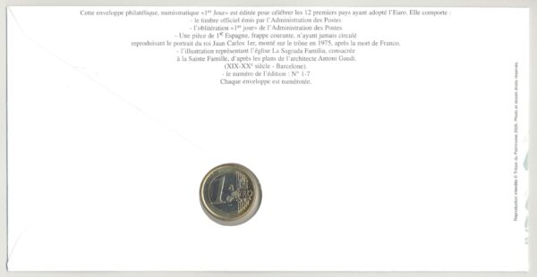 PREMIER JOUR ENVELOPPE PHILATELIQUE NUMISMATIQUE CONSEIL DE L'EUROPE 1 EURO ESPAGNE 2002