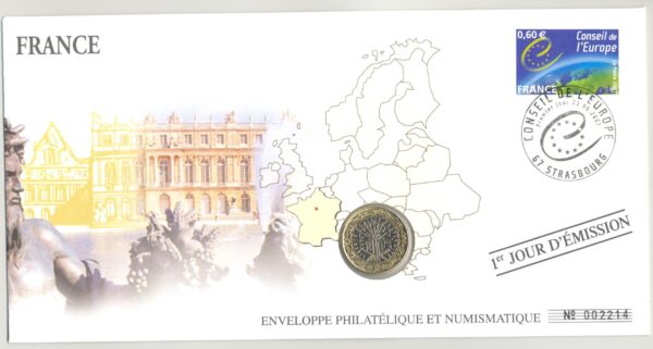PREMIER JOUR ENVELOPPE PHILATELIQUE NUMISMATIQUE CONSEIL DE L'EUROPE 1 EURO FRANCE 1999