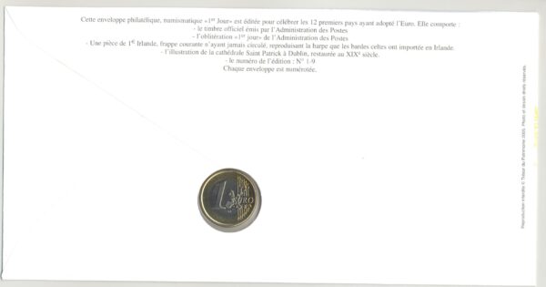 PREMIER JOUR ENVELOPPE PHILATELIQUE NUISMATIQUE INTEGRATION A L'EURO 1 EURO IRLANDE 2005