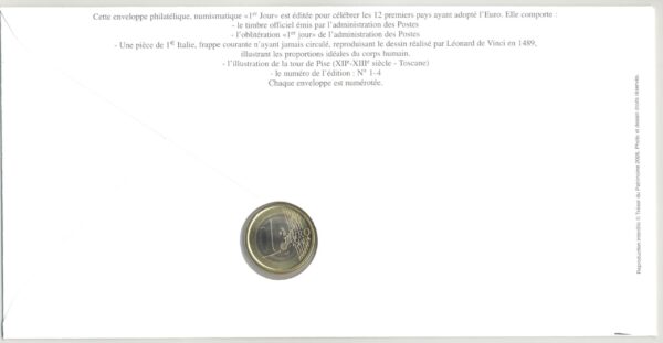 PREMIER JOUR ENVELOPPE PHILATELIQUE NUISMATIQUE LA GASTRONOMIE 1 EURO ITALIE 2003