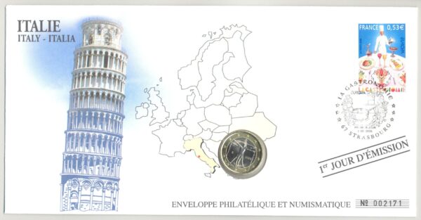 PREMIER JOUR ENVELOPPE PHILATELIQUE NUISMATIQUE LA GASTRONOMIE 1 EURO ITALIE 2003
