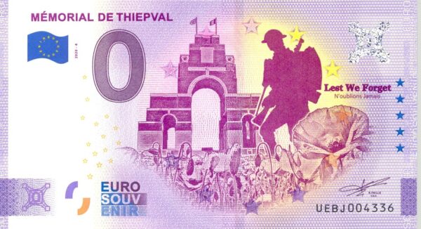 80 THIEPVAL 2020-4 MEMORIAL VERSION ANNIVERSAIRE BILLET SOUVENIR 0 EURO NEUF