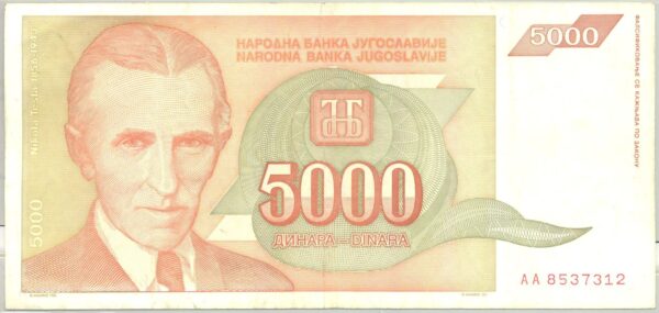 YOUGOSLAVIE 5000 DINARA 1993 SERIE AA TTB