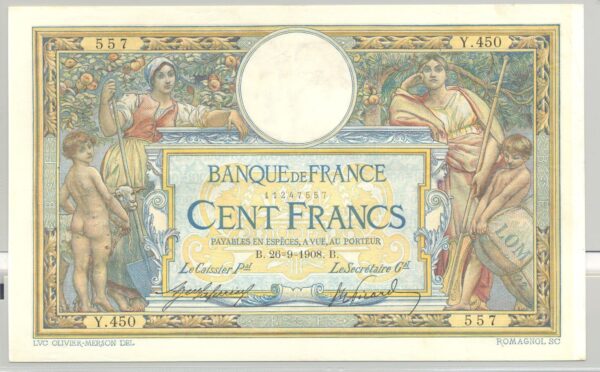 FRANCE 100 FRANCS L.O.M avec LOM SERIE Y.450 26-9-1908 TTB+