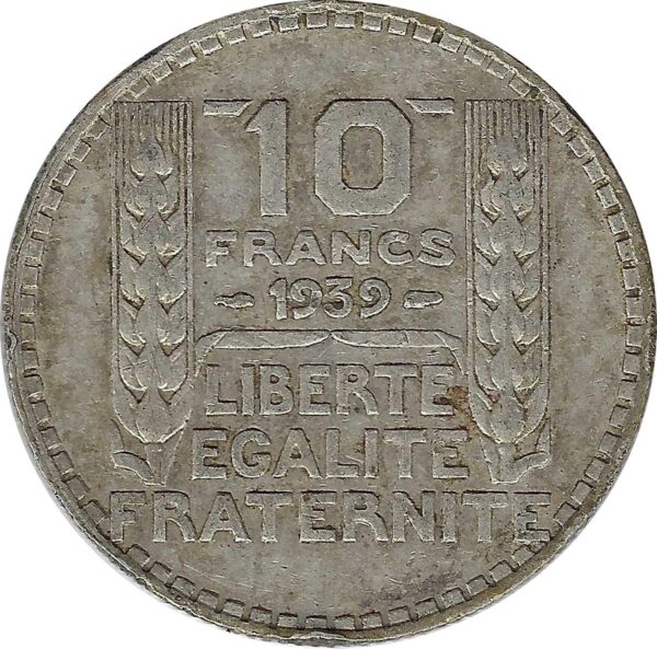 FRANCE 10 FRANCS TURIN ARGENT 1939 TB+