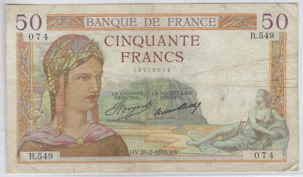 FRANCE 50 FRANCS CERES SERIE R.549 21-2-1935 TB+