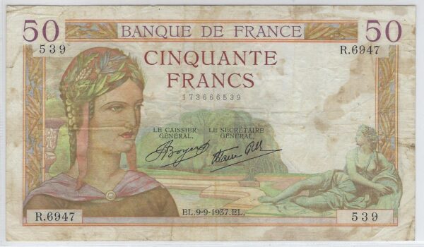 FRANCE 50 FRANCS CERES SERIE R.6947 9-9-1937 TB+