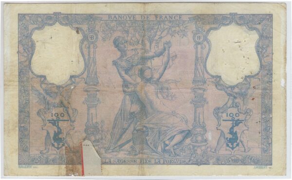 FRANCE 100 FRANCS BLEU ET ROSE SERIE U.4837 26-2-1907 B+