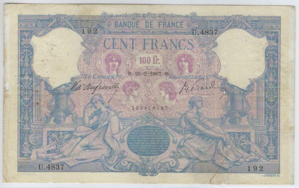 FRANCE 100 FRANCS BLEU ET ROSE SERIE U.4837 26-2-1907 B+