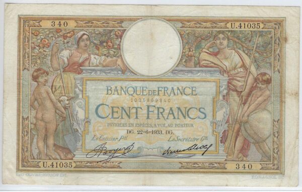 FRANCE 100 FRANCS MERSON SANS LOM SERIE U.41035 22-6-1933 TTB