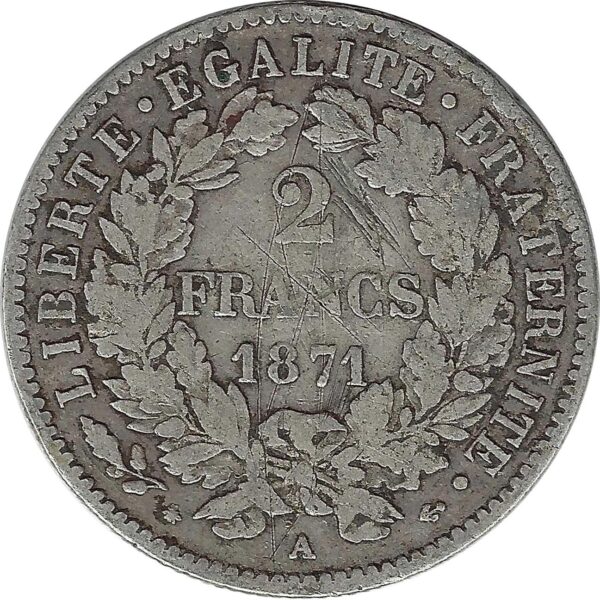 FRANCE 2 FRANCS CERES 1871 A (PARIS) TB rayures