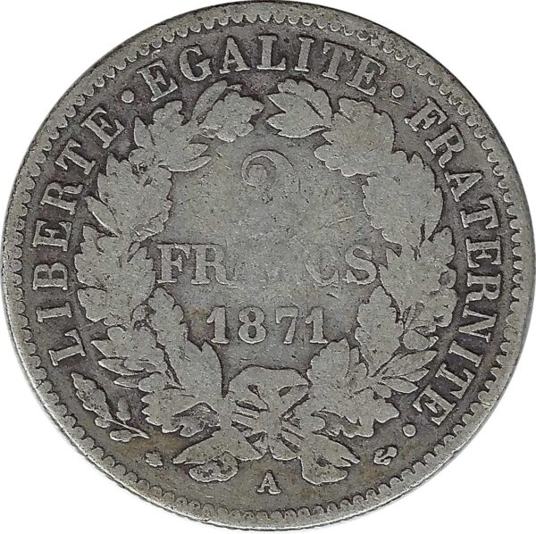 FRANCE 2 FRANCS CERES 1871 A (PARIS) TB N1