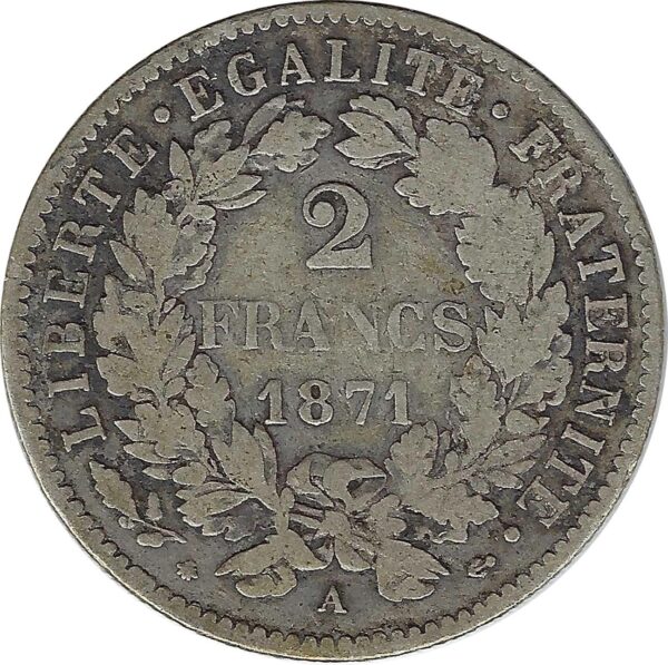 FRANCE 2 FRANCS CERES 1871 A (PARIS) TB N2