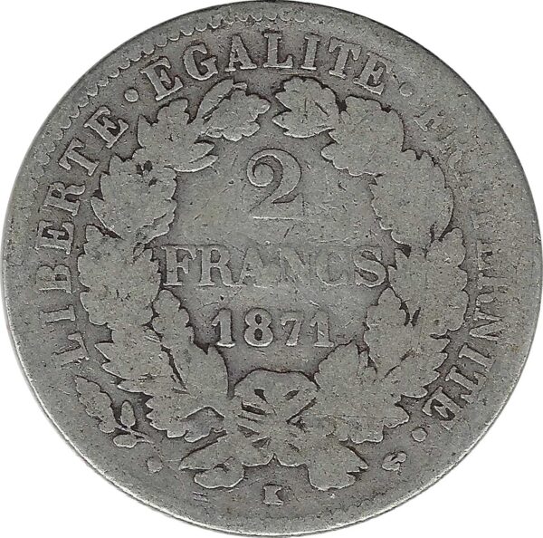 FRANCE 2 FRANCS CERES 1871 K (Bordeaux) TB-
