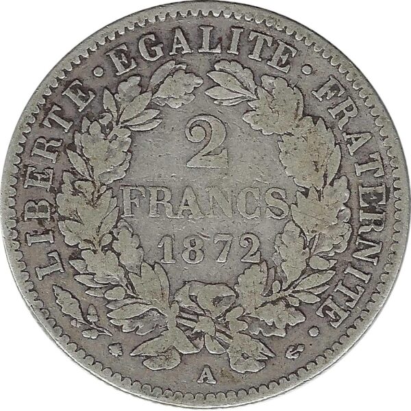 FRANCE 2 FRANCS CERES 1872 A (Paris) TB coups sur tranche