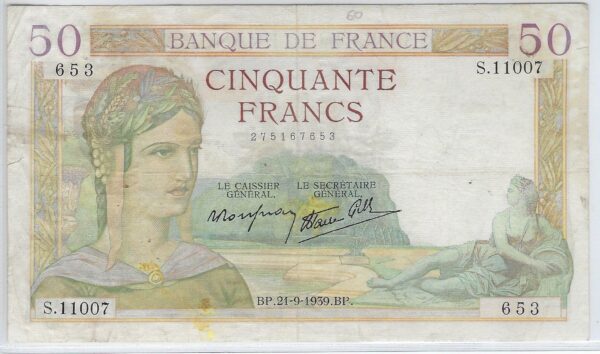 FRANCE 50 FRANCS CERES 21-9-1939 S.11007 TB+
