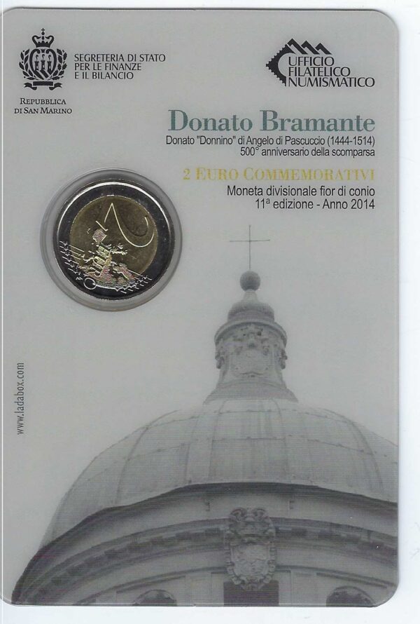 SAINT MARIN 2014 2 EURO COMMEMORATIVE DONATO BRAMANTE BU