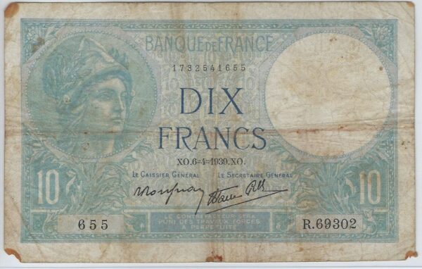 FRANCE 10 FRANCS MINERVE 6-4-1939 SERIE R.69302 TB