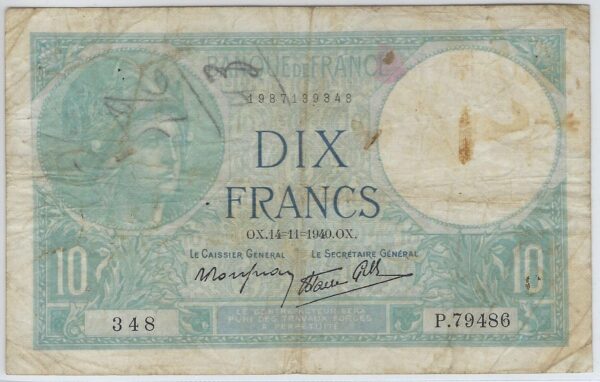 FRANCE 10 FRANCS MINERVE 14-11-1940 SERIE P.79486 TB
