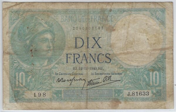FRANCE 10 FRANCS MINERVE 12-12-1940 SERIE J.81633 TB