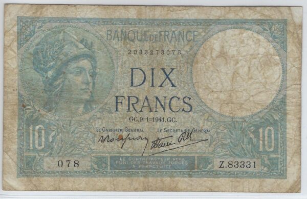 FRANCE 10 FRANCS MINERVE 9-1-1941 SERIE Z.83331 TB