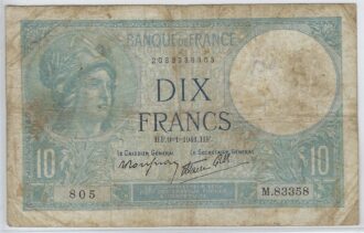 FRANCE 10 FRANCS MINERVE 9-1-1941 SERIE M.83358 TB