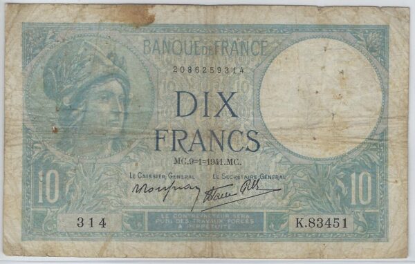 FRANCE 10 FRANCS MINERVE 9-1-1941 SERIE K.83451 TB