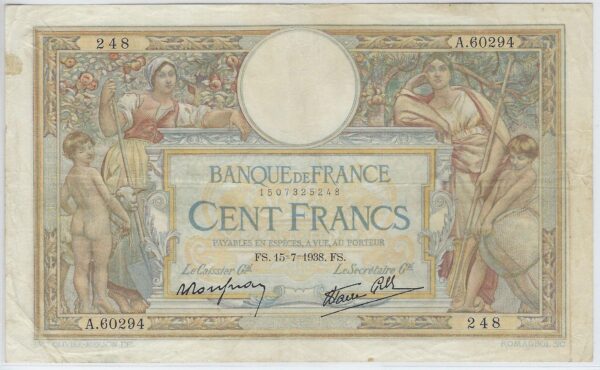 FRANCE 100 FRANCS MERSON SANS LOM SERIE A.60294 15-7-1938 TB+