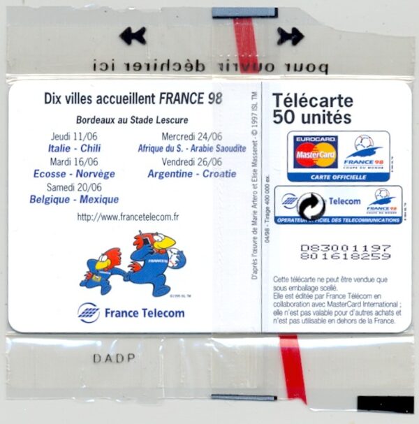 TELECARTE NSB 50 UNITES 04/98 BORDEAUX COUPE DU MONDE FRANCE 98