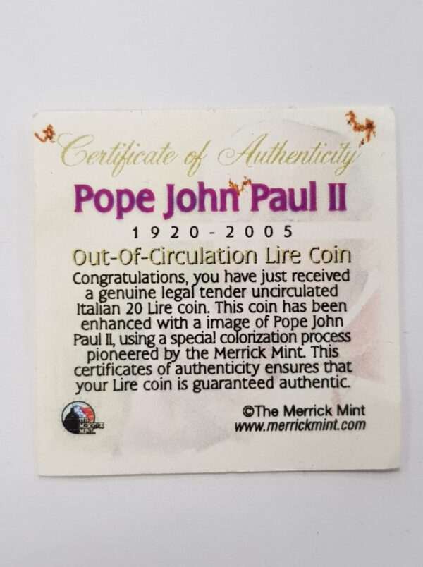 ITALIE 20 LIRE 1994 COLORISEE PAPE JEAN PAUL II SUP/NC