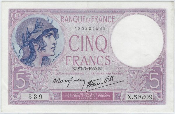 FRANCE 5 FRANCS VIOLET 27-7-1939 X.59209 SUP