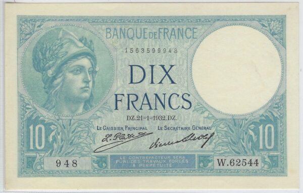 FRANCE 10 FRANCS MINERVE 21-1-1932 SERIE W.62544 SPL