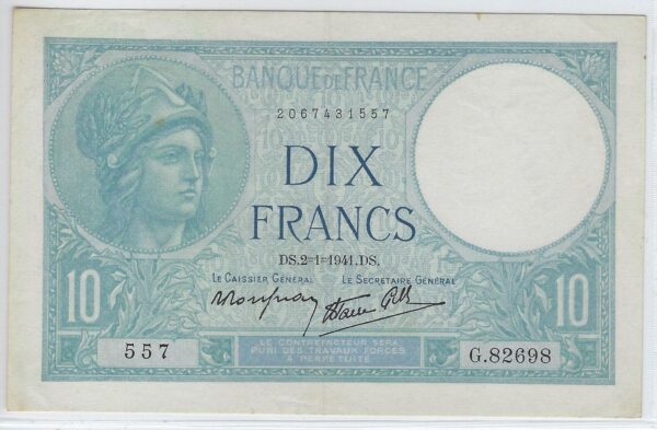 FRANCE 10 FRANCS MINERVE 2-1-1941 SERIE G.82698 SUP