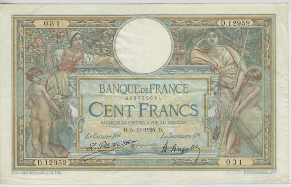 FRANCE 100 FRANCS MERSON SANS LOM 5-10-1925 D.12952 TTB+