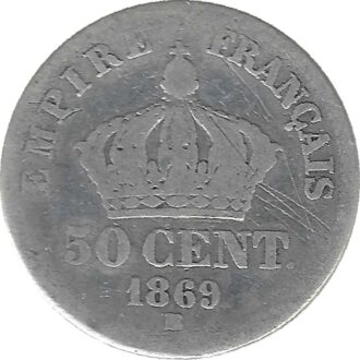 FRANCE 50 CENTIMES NAPOLEON III TETE LAUREE 1869 BB (Strasbourg) TB