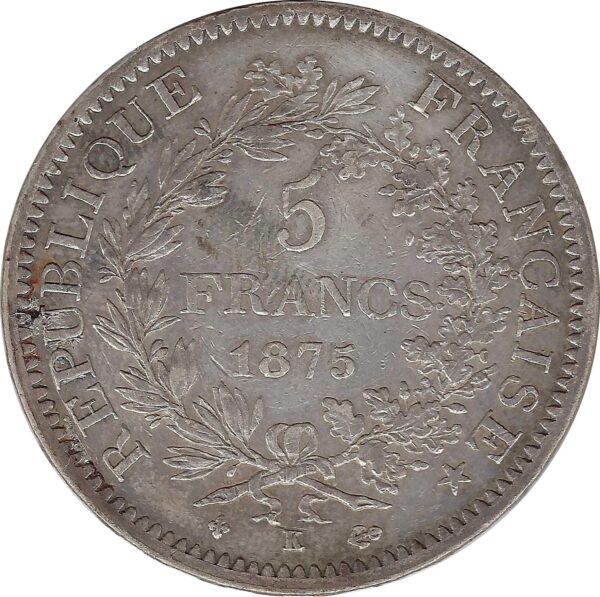 FRANCE 5 FRANCS HERCULES DUPRE 1875 K (Bordeaux) TTB