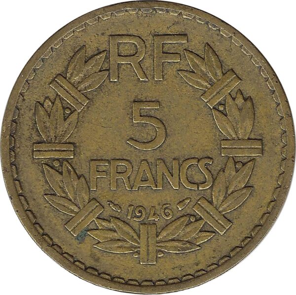 FRANCE 5 FRANCS LAVRILLIER CUPRO ALU 1946 TB+ taches