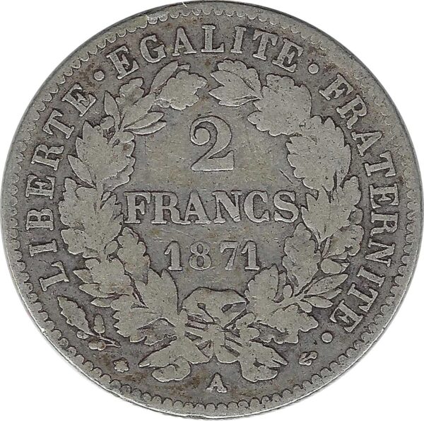 FRANCE 2 FRANCS CERES 1871 A (PARIS) Petit A B+